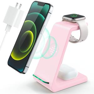 3 in 1 Wireless Charging Station, 2026 Upgraded Fast Desk Charger Station for iPhone 17 16 15 14 13 12 Pro Max Plus, Charger Stand for Apple Watch 10 9 8 7 6 5 4 3 2 SE, Airpods 4 3 2 Pro(Pink)