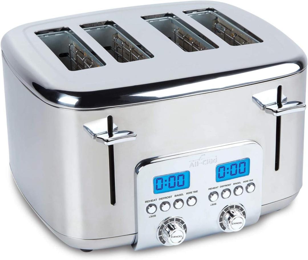 All-Clad Electric Stainless Steel Toaster, 4-Slice, LED Display, Removable Crumb Tray, Internal Cord Storage, 6 Browning Levels, Wide and Self-Centering Slots, Waffles, Bagels, Bread, Silver