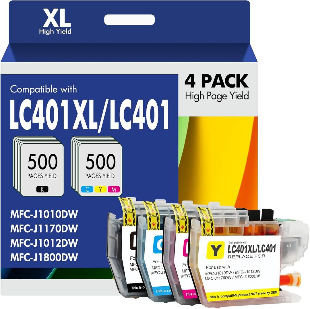 LC401XL LC401 MFC-J1010DW Ink Cartridges for Brother Printer 401XL LC 401 for MFC-J1010DW MFC-J1170DW MFC-J1012DW MFC-J1800DW MFC J1010DW - 4 Pack High Yields Black Cyan Magenta Yellow