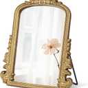 Vintage Vanity Mirror with Stand 11.8"x9.6" Gold Tabletop Makeup Mirror, Arched Decorative Mirror with Carved Engineered Wood Frame for Bedroom, Dresser, Bathroom or Desk