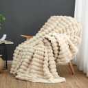 Cozy Bliss Faux Fur Throw Blanket for Couch, Cozy Warm Plush Striped Blanket for Sofa Bedroom Living Room, 50 * 60 Inches Beige