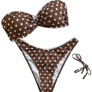 SweatyRocks Women's 2 Piece Ruched Bandeau Bikini Sets Polka Dots Bathing Suits (Medium, Brown)