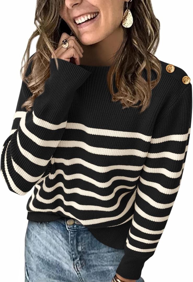 KIRUNDO Women's Striped Sweaters 2024 Fall Winter Outfits Crewneck Ribbed Knit Pullover Trendy Tops with Metal Buttons (Black) S