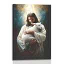 Framed Jesus Holding Lamb Wall Art Canvas Print Religious Christian Poster Catholic Painting Home Decor, Living Room Bedroom Inspirational Picture Ready to Hang 16x24 Inch
