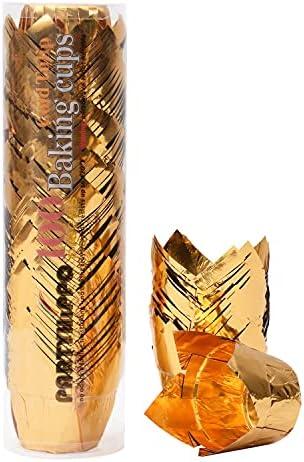 Party Hippo Gold Tulip Cupcake Liners 100 Pcs Baking Paper Cups Holders Greaseproof Muffin Cases Wrappers for Wedding Birthday Party Baby Shower (Gold)