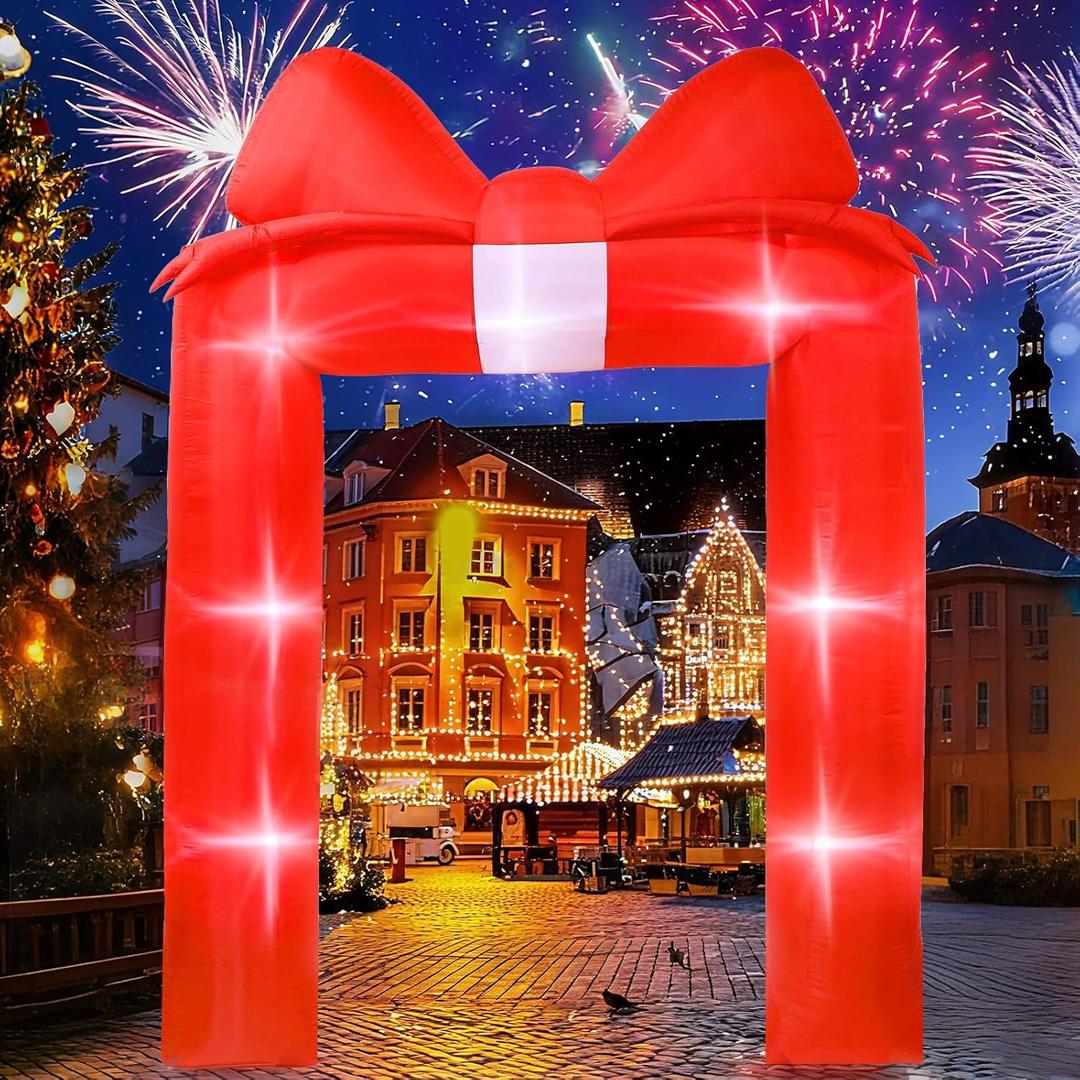 8 FT Christmas Inflatable Bow Arch Archway Red Glitter Bowknot Blow Up Archway Christmas Square Blow Up Yard Inflatables Lighted Bow Self-Inflating Arch for Valentine's Day Lawn Yard Garden Outdoor