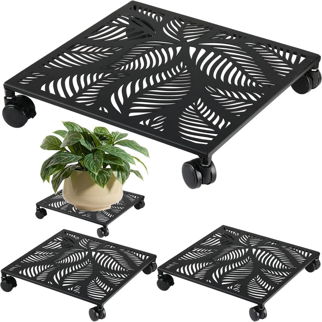 2-pack 13 Inches Square Metal Plant Caddy with Wheels Heavy Duty Large Rolling Plant Stand Indoor Outdoor Wheeled Planter Dolly Cart with Lockable Casters Flower Pot Mover Roller Trolley, Black