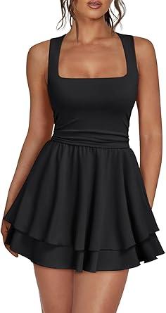 Trendy Queen Women's Square Neck Summer Party Flowy Ruffle Hem Ruched Waist Mini Dress