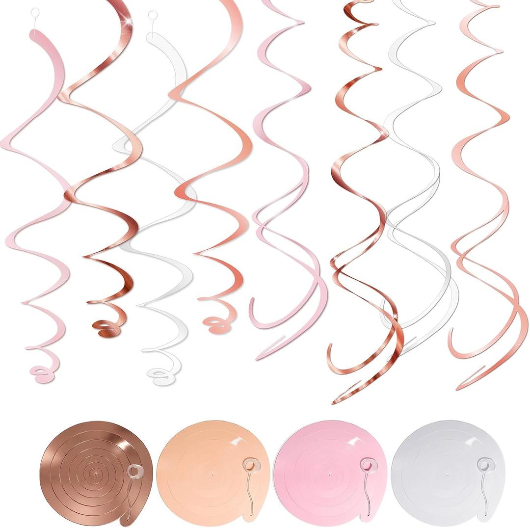Pink Hanging Swirl Decorations for Party 42PCS Rose Gold Foil Ceiling Streamers with Hooks for Birthday, Bridal Shower, Bachelorette, Holiday Celebrations