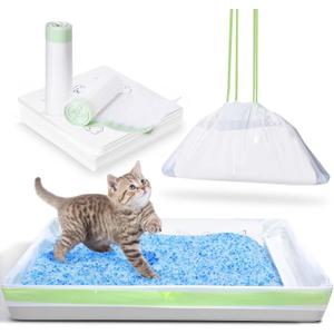 Cat Litter Liners with Anti-scratch Cardboard for Pet Scoop Free Self-Cleaning Litter Box, Kitten Waste Bag Compatible with Reusable/Disposable Refill Tray, Large Drawstring Kitty Poop Bags 20 Count (Green)