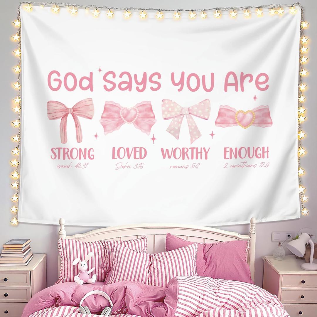 LIANGW Pink Coquette Bow Christian Tapestry, Inspirational Christian Tapestry for Women, Indoor Outdoor Wall Art Tapestries for Bedroom, Girl pink Room Decoration Living Room Bedroom 50x60 inches