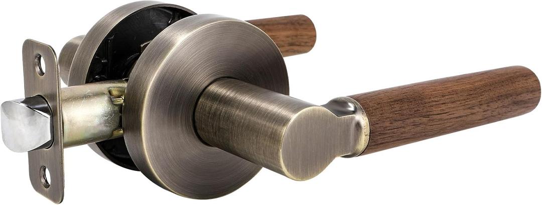 Walnut Wood Passage Door Lever, Keyless Function for Hallway and Closet Room Door Lock Zinc Alloy Base (1 Pack, Antique Brass, Passage)