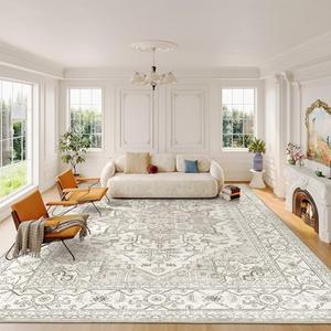 befbee 8x10 Area Rugs for Living Room, Stain Resistant Neutral Washable Rugs for Dining Room, Vintage Non-Slip Thin Large Size Beige Area Rug, Printed Vintage Home Decor Rug（Beige）
