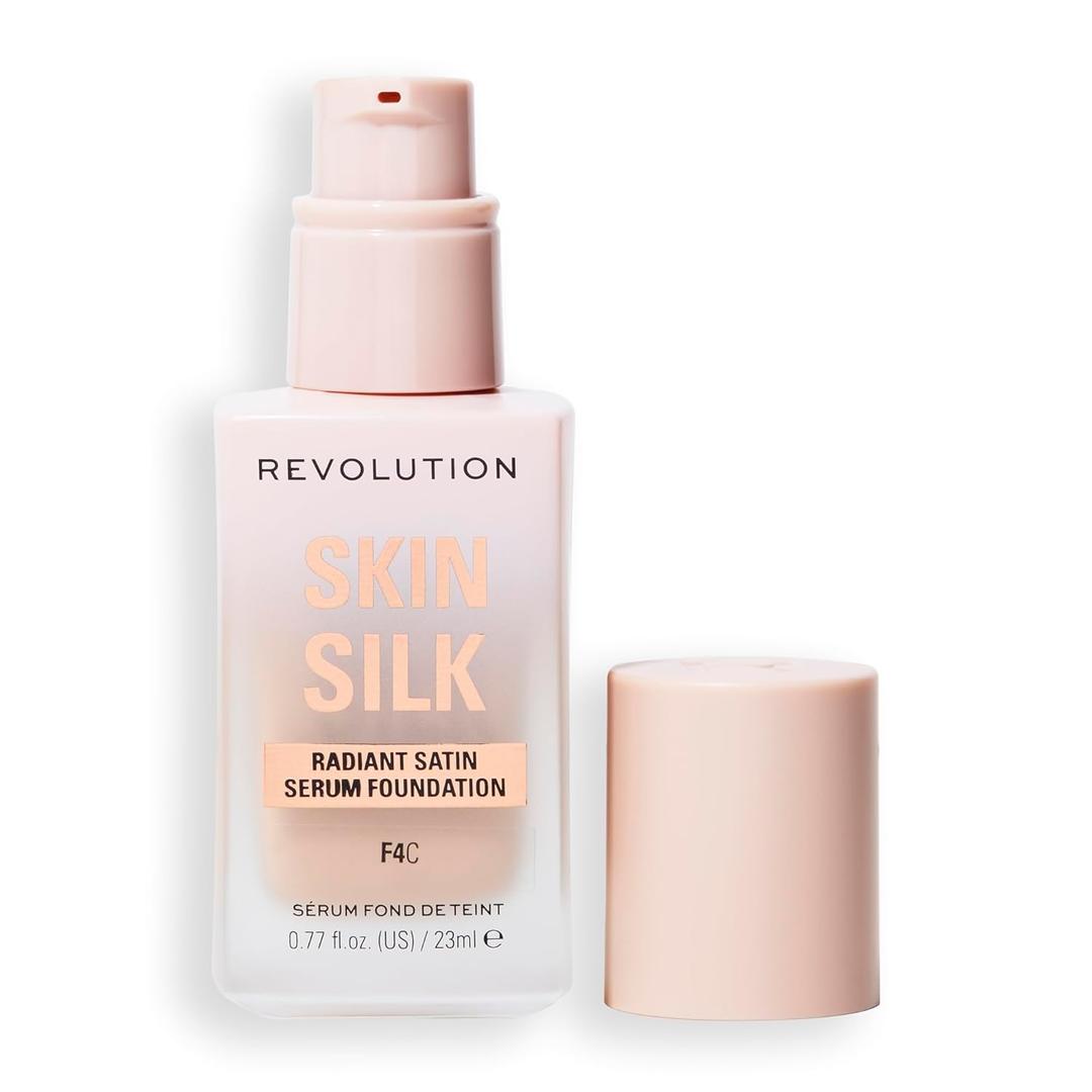 Revolution Skin Silk Radiant Satin Serum Foundation, Lightweight, Buildable Coverage with Hydrating Hyaluronic Acid for a Natural Finish, Vegan & Cruelty-Free, F4 Light Skin Tones, 0.77 fl oz