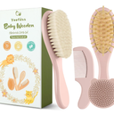 Yoofoss 4 Piece Baby Hair Brush and Comb Set，Wooden Baby Hair Brush with Natural Ultra Soft Goat Hair, Baby Comb Set for Boy, Girl  Pink