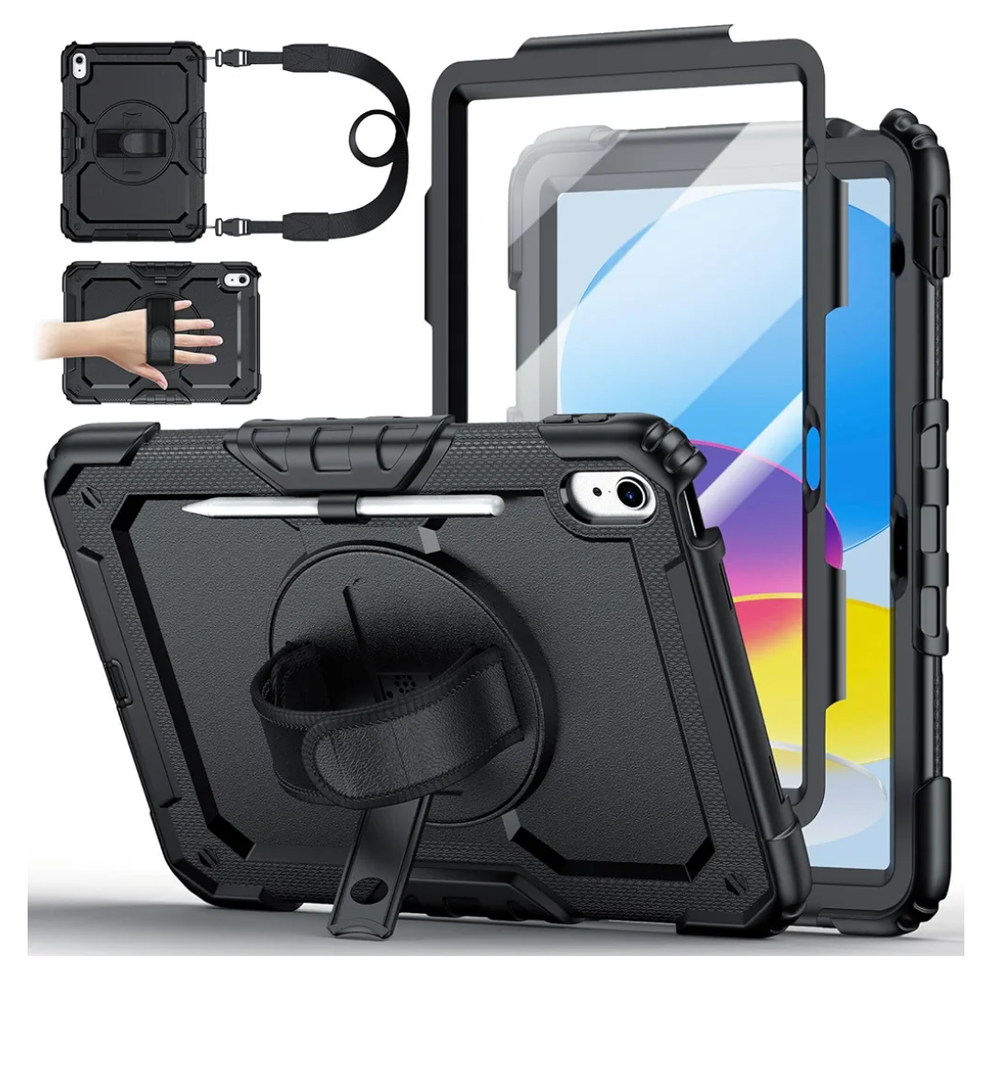 Case for iPad (A16) 11th Generation 11 Inch (2025), Ubearkk for iPad 10th Generation 10.9 inch 2022 case with Screen Protector, 360 Degree Rotating Stand/Adjustable Shoulder Strap/Pencil Holder, Blac