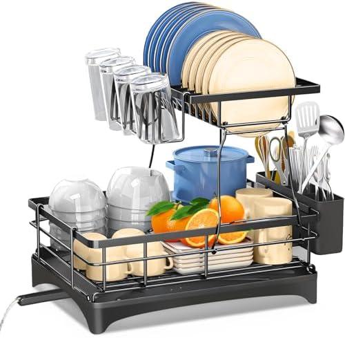 Dish Drying Rack，Durable, Rust-Proof Large 2 Tier Dish Racks for Kitchen Counter, Stainless Steel Kitchen Dish Drying stand,Detachable Capacity Dish Drainer Organizer with Cutlery & Cup Holder