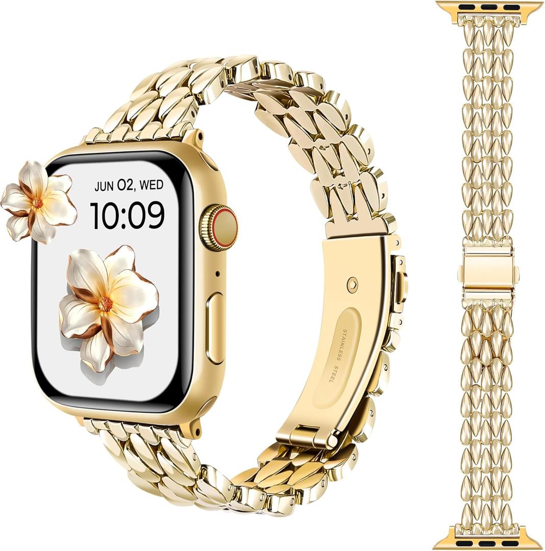 HANDODO Stainless Steel Band for Women Apple Watch Series 10 9 8 7 6 5 4 3 2 1 SE SE2 Ultra 2, Luxury Replacement Metal Strap Bracelet Wristband for  iWatch (38/40/41/42mm(series 10), 1-Gold-bead)