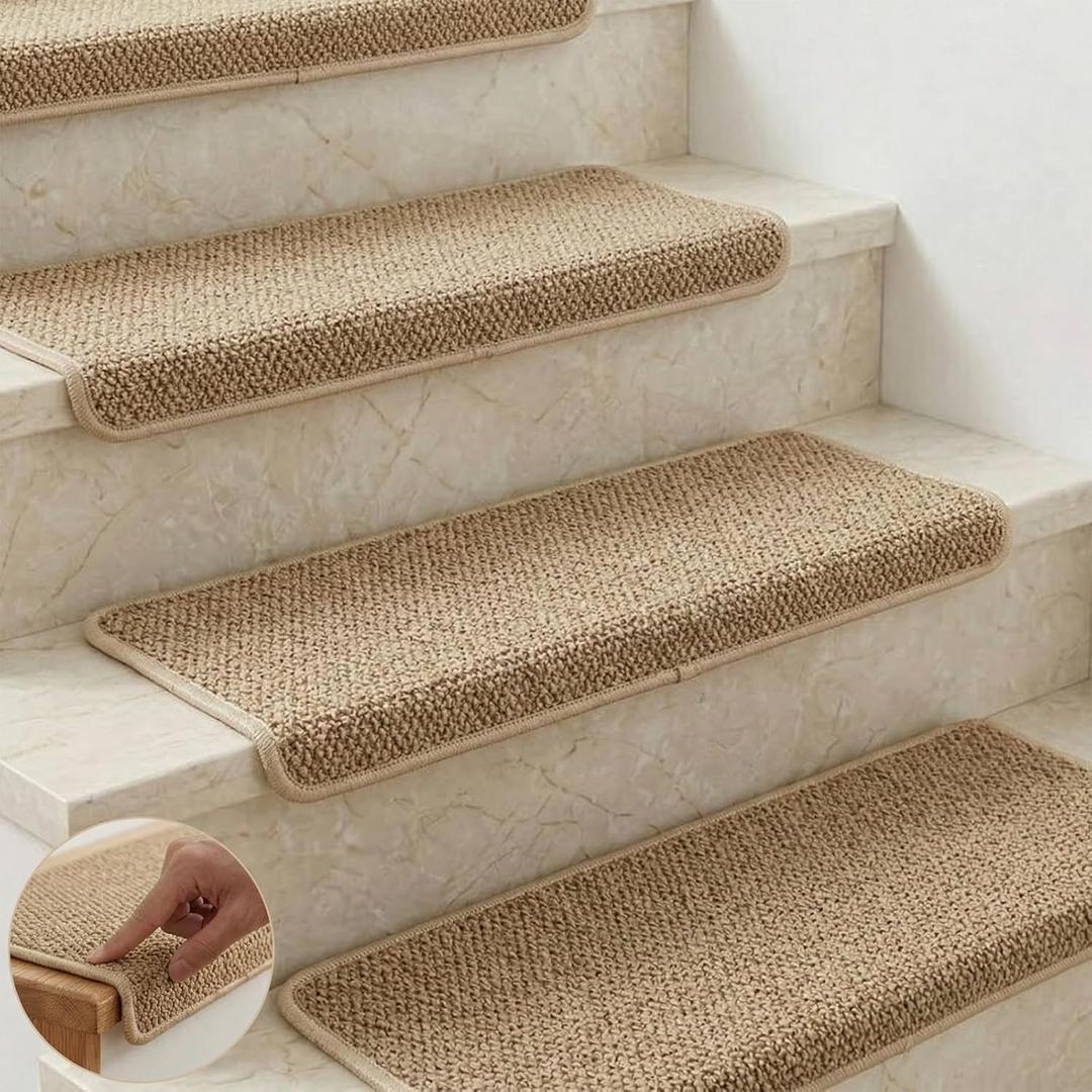 Bullnose Carpet Stair Treads for Wooden Steps, Non-Slip Self-Adhesive Stair Tread Mat, Indoor Corridor and Pet Stair Carpet, Washable, Preventing Pets, 29.5"x9.5"x1.5" 14pcs, Camel