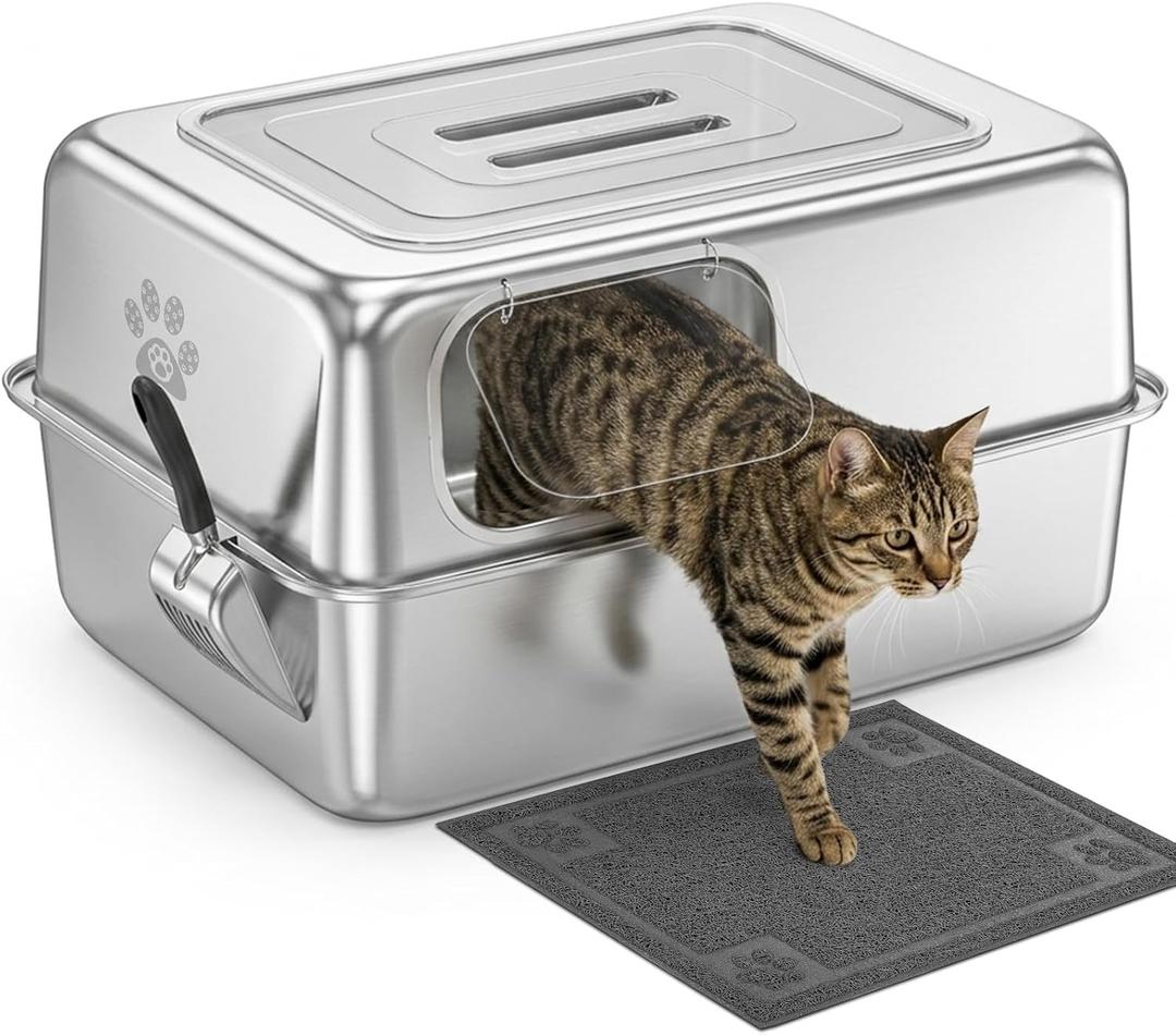 Ptlom Enclosed Stainless Steel Litter Box for Large Cats, Leak-Proof Metal Cat Toilet with Lid, Ventilated Top Opening Covered Cat Pan High Sided Walls, Scoop & Litter Mat, 27.7" x 19.8" x 15.1"