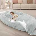 ROOMTEC Human Dog Bed, 71''x45''x12'' Size Fits Adult and Pet Washable Giant People Dog Bed 10 CM Thick Memory Foam Large Oversize Dog Bed with Plump Pillow, Blanket, Strap - Grey