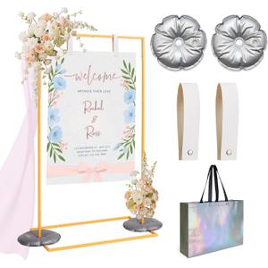 Wedding Sign HolderAdjustable welcome to our wedding sign stand with 2 Sign Hanging Straps ,Heavy Duty sign holder stand, welcome sign stand for party, wedding seating chart,Easel for Display (Gold)