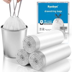 8 Gallon Trash Bags Drawstring- 90 Counts Medium Trash Bag Extra Strong, Medium Garbage Bags 8 Gallon Unscented, Stretchy, Quick Cinch for Office Kitchen, White (1 Count (Pack of 90))