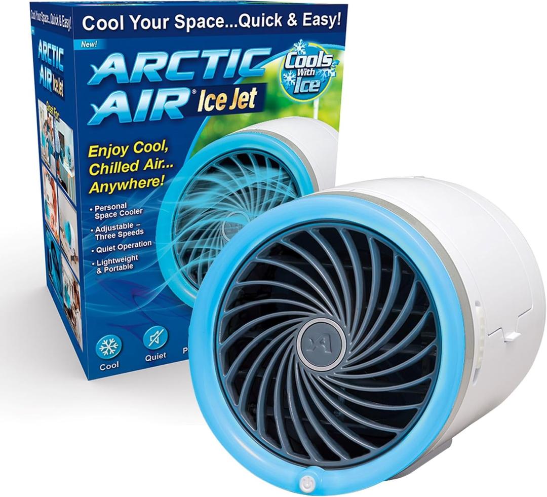 Arctic Air Ice Jet Personal Air Cooler, 3-Speed Room Cooler with Reusable Ice Packs, Portable Cooler with Multi-Directional Vent & 7 LED Lights, Whisper-Quiet Air Cooler for Room (Small)