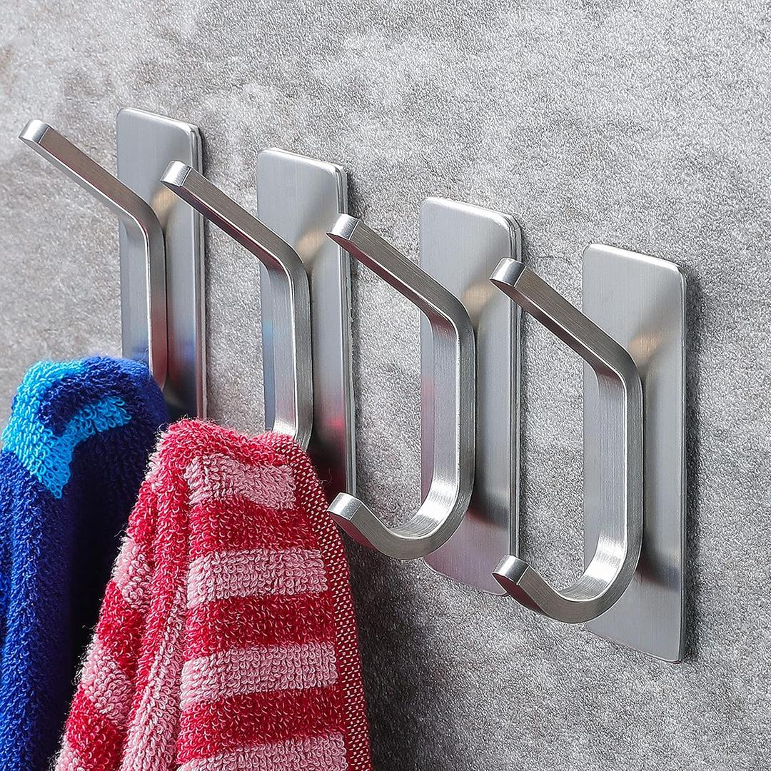YIGII Towel Hook/Adhesive Hooks - Wall Hooks for Coat/Robe/Towels Stick on Bathroom/Kitchen 4-Pack, Stainless Steel (Silver)