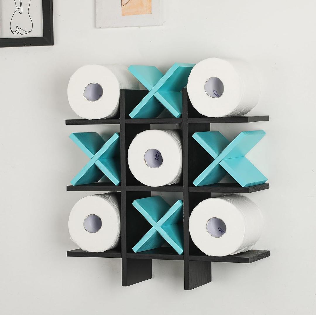 Weysat Tic Tac Toe Toilet Paper Holder Stand Bathroom Wall Decor Rustic Wooden Hanging Storage Freestanding Wall Mounted Shelves Decor for Toilet Tissue Farmhouse (Black, Blue)
