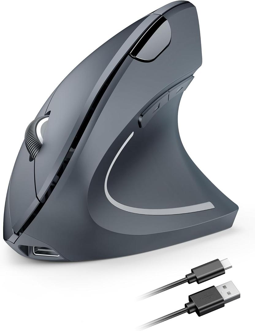 TECKNET Ergonomic Wireless Mouse, Rechargeable Mouse Wireless Silent for Carpal Tunnel Right Hand, 2.4GHz USB Vertical Mouse Wireless for Laptop, 5 Adjustable 4800 DPI, Computer, MacBook, Desktop (Grey)