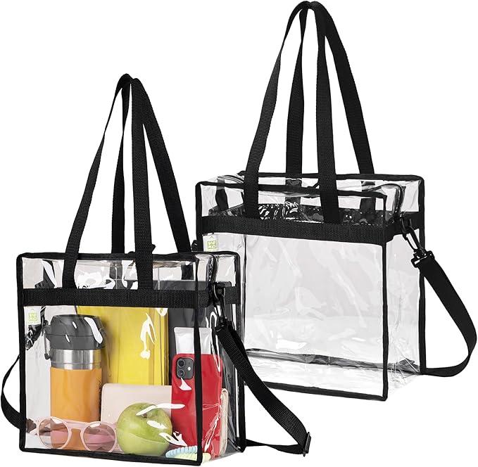 VENO 2 Pack Clear Bag for Stadium Events Approved, 12x6x12 Large Beach Tote Bags Transparent Crossbody Lunch Purse for Women
 Black 