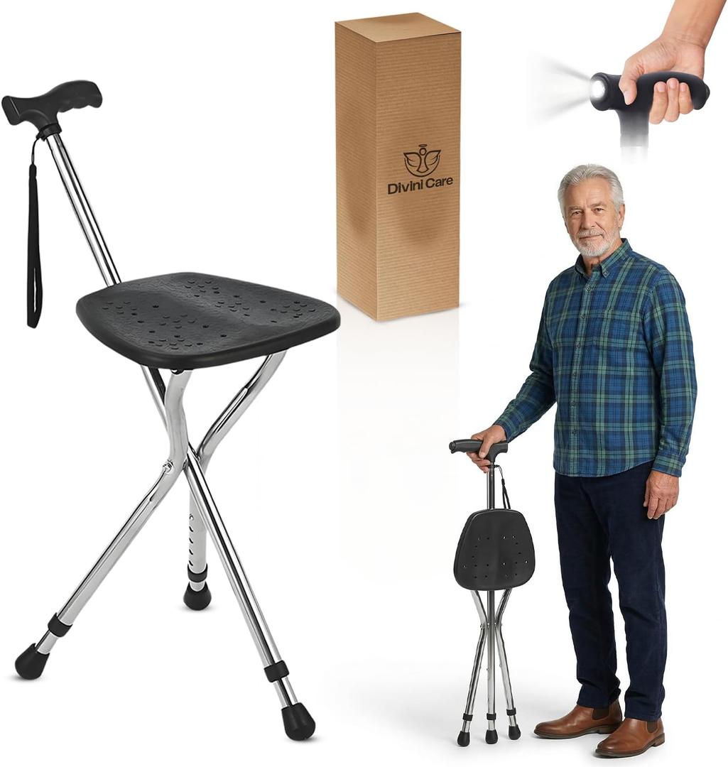 Cane with Seat Folding, Adjustable Walking Cane Chair, Anti-Slip Walking Stick Seat, 32-36"