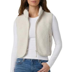 Cropped Fleece Vest Women Zip Up Stand Collar Warm Sherpa Vest Fall Cute Sleeveless Fleece Waistcoat with Pocket (Large, Beige)