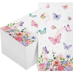 100 Pieces Butterfly Napkins Pink Butterfly Party Paper Guest Towels Disposable Colorful Garden Spring Summer Flower and Butterflies Hand Towels for Wedding Birthday Holiday Decorative Party Supplies (4.33 x 7.87 Inch)