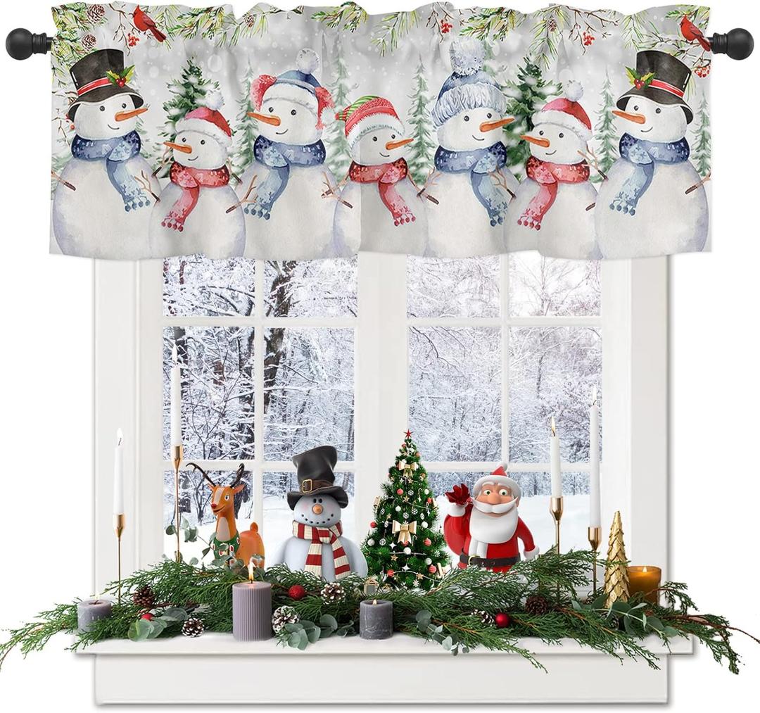 Snowman Curtains Valance for Bedroom Living Room, Christmas Tree Red Cardinals Curtains & Drapes Rod Pocket Seasonal Winter Snowy Scene Valance for Kitchen Window Curtains Over Sink 54x18in,1 Panel