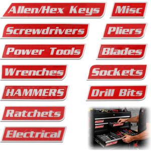 12 PCS Magnetic Tool Box Labels, Toolbox Labels Magnetic, General Tool Box Organize Accessories, Reusable Tags for Steel Toolboxes, Carts, Drawers, Cabinets & Workshop Storage (Red)
