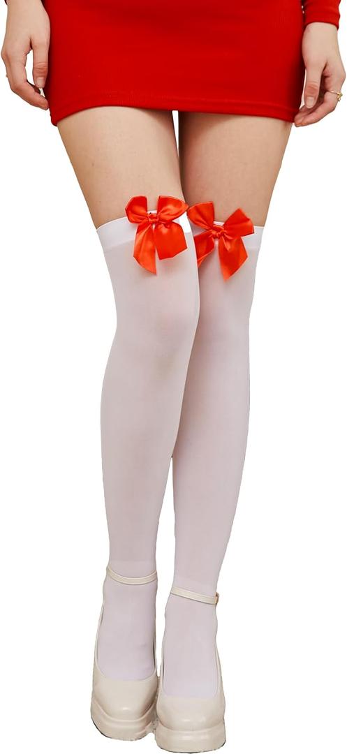 Thigh High Stockings for Women, Satin Bow Stockings for Halloween, Christmas, New Year's Eve, and Valentine's Day