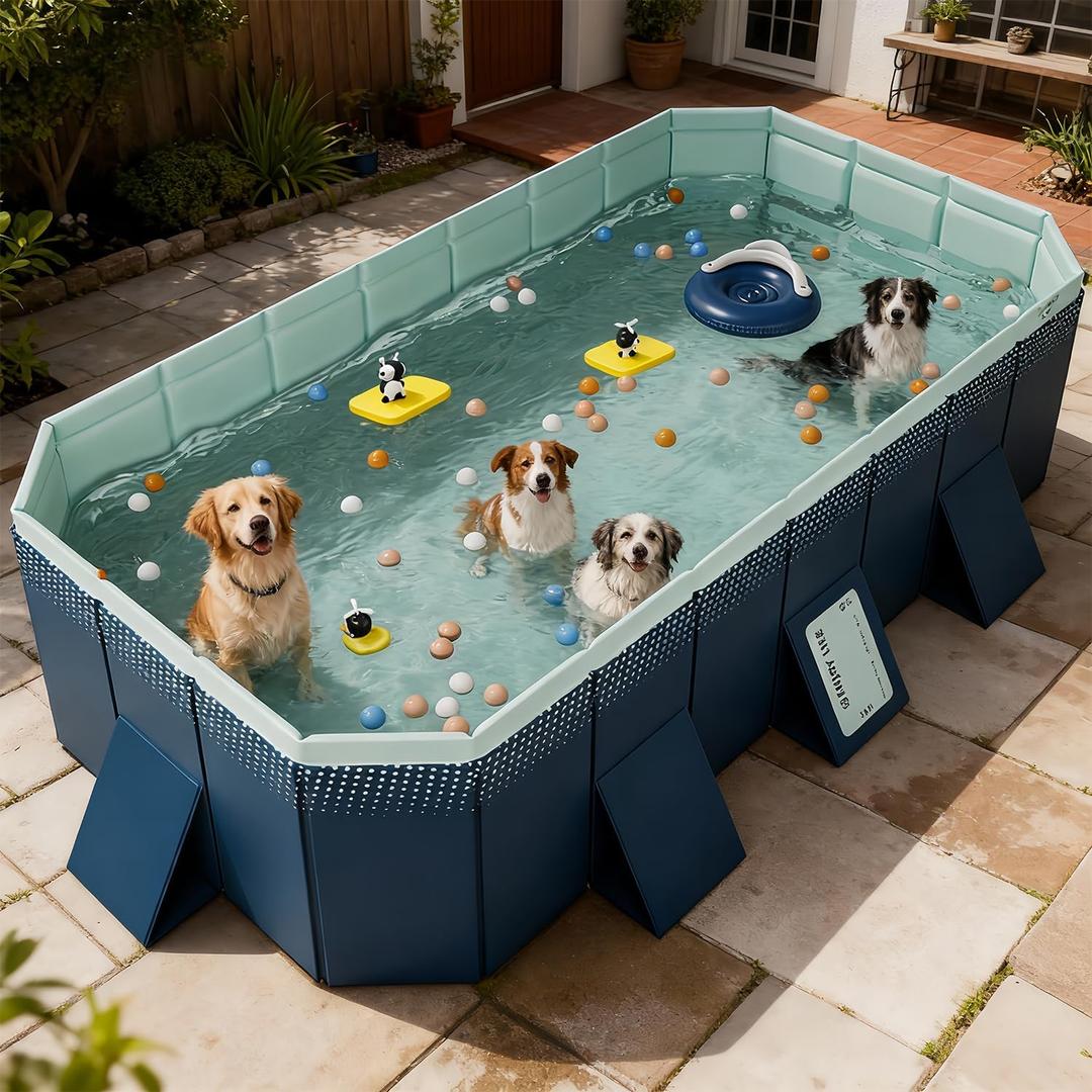 Foldable Non-Inflatable Kids' and Adults' Outdoor Swimming Pool Hard Plastic Shell Kid Pool for Backyard Dog Pools (113" x 66" x 20")