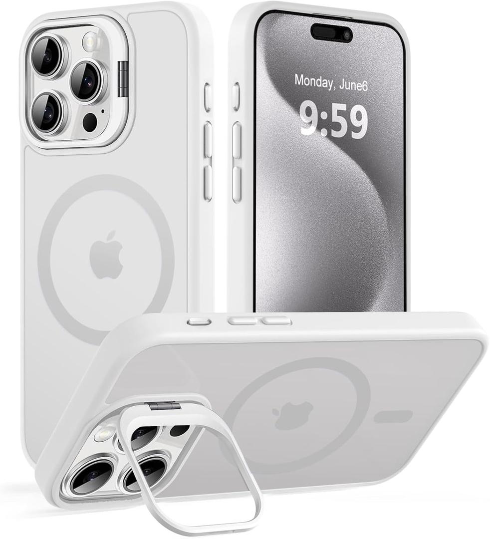 Magnetic Case for iPhone 15 Pro with Kickstand, Compatible with Magsafe, Built-in Camera Stash Stand, Military Protection, Skin Feeling Phone Case for iPhone 15 Pro 6.1inch, Frosted White
