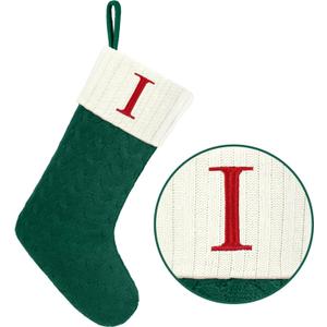 Christmas Stockings with Initials,20 Inches Large Knit Embroidered Letter Green White Christmas Stocking,Monogram Christmas Stocking for Famliy Holiday and Xmas Tree Fireplace (Letter I)