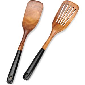 Ayiaren 2 Pcs Wooden Spatula Set for Cooking Non Toxic Teak Kitchen Utensils Slotted Pancake Turner Flat Wood Wok Spatulas Bamboo Spoon for Cooking Utensil Set Spurtle Scraper Black Fish Egg Flipper Spatula