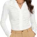 Women's Button Down Shirts Ruched Long Sleeve Blouses Slim Fit Fall Tops (Small)
