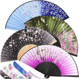 Zonon 4 Pack Handheld Floral Folding Fans Hand Held Silk Bamboo Fans with Tassel Women Hollowed Hand Foldable Fan with Fabric Sleeve for Dancing Wedding Decoration Gifts(Elegant)