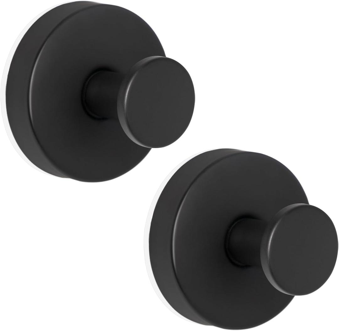 ZESLMG Adhesive Hooks for Shower, Black Self Sticky Hooks for Glass Window Kitchen Wall, Removable Bath Robe Loofah Door Wreath Coat Towel Hook No Damage for Hanging, 2 Pack