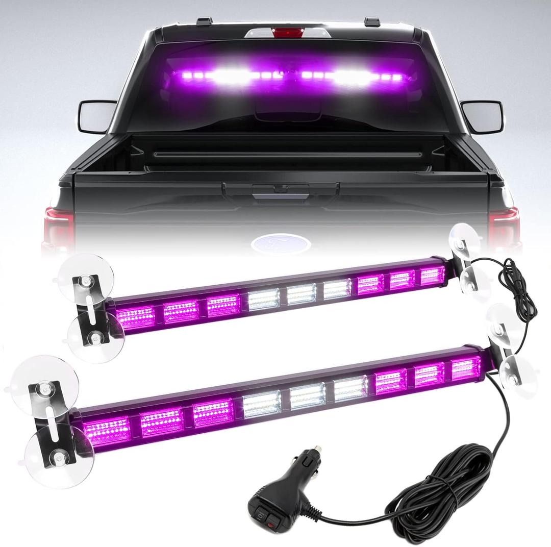 [Upgraded] Switchable 4 Colors Emergency Strobe Traffic Advisor Light Bar 162LED Windshield 2 in 1 Visor Safety Warning Hazard Flashing Lights for Funeral Escort Truck Vehicle (Purple/White)