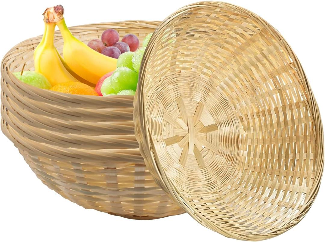 6 PCS Bamboo Bread Basket, 12 Inch Round Stackable Bamboo Woven Food Serving Basket for Kitchen Dining Table Centerpiece Display Picnic, Natural Rustic Counter Organizer for Vegetables, Snacks, Eggs