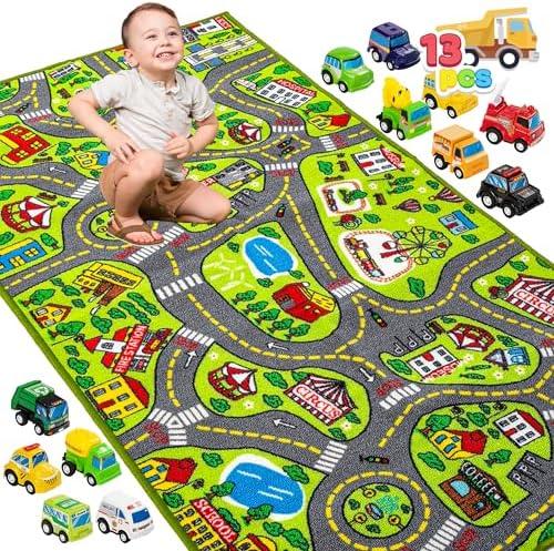 JOYIN Kids Play Rugs - 12 Pull-Back Vehicle Set - Durable Carpet Playmat Rug - City Pretending Play - Toddler Car Track Rug