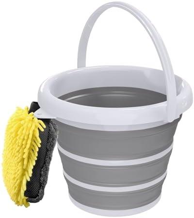 Collapsible Wash Bucket with Microfiber Mitt, 10L (2.6 Gallon) Portable Collapsiblle Buckett with Handle for Car Wash Household Cleaning, Multiuse Collapsibles Water Bucket and Car wash mitt - Grey 1 Pack