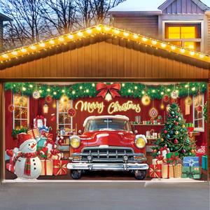 Christmas Garage Door Cover Decoration  16x7ft Large Red Truck & Snowman Backdrop, Merry Christmas Garage Door Banner, Outdoor Holiday Decoration for Garage, Porch, Yard